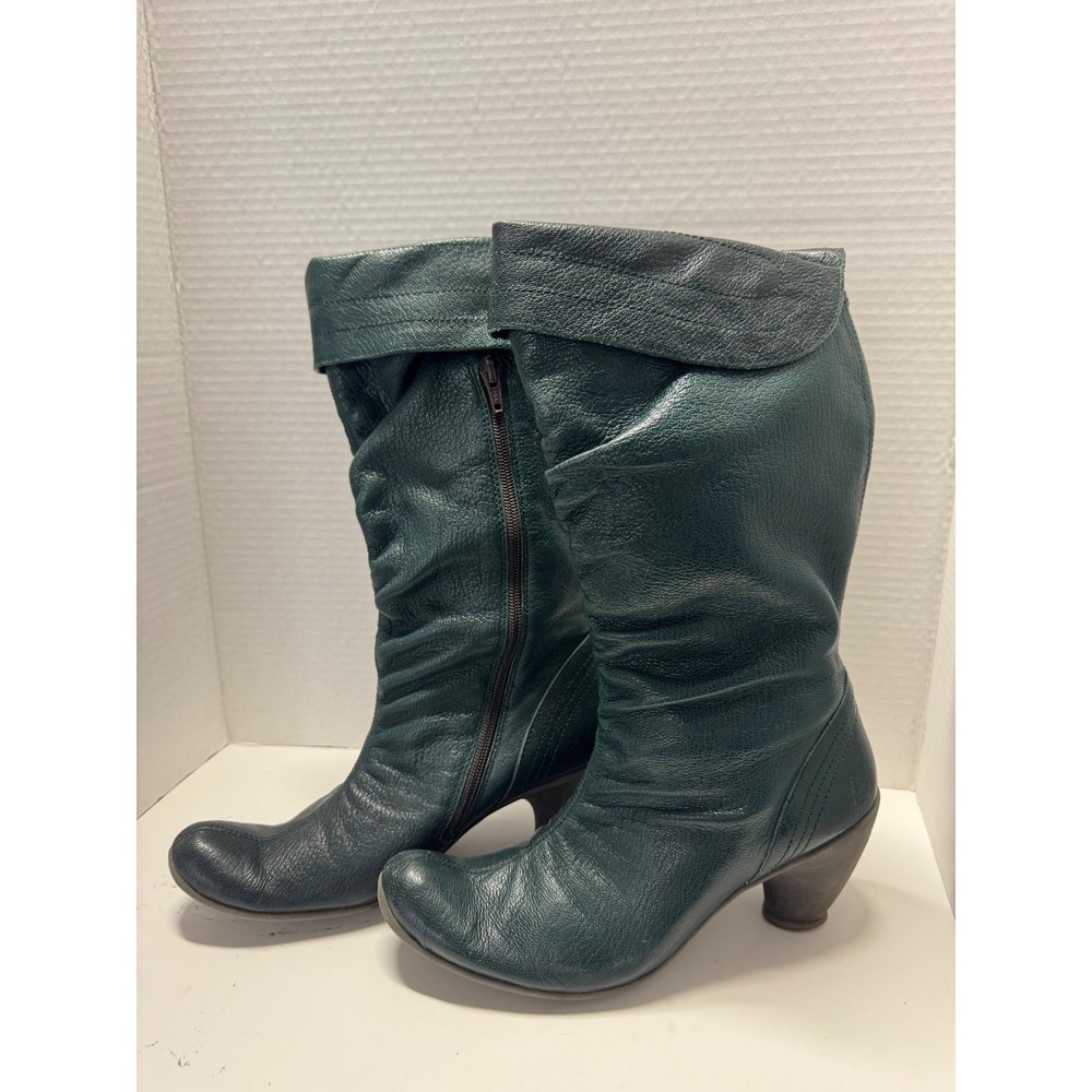 Fly London Dark Green Pebbled Leather Slouch Mid-Calf Boots  Size 38 7.5